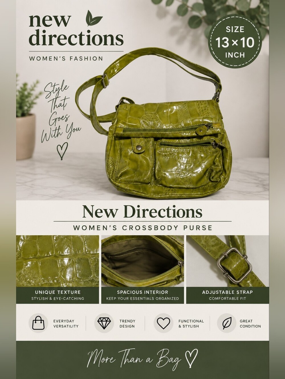 New directions Women's 13x10 inch green crossbody purse #18